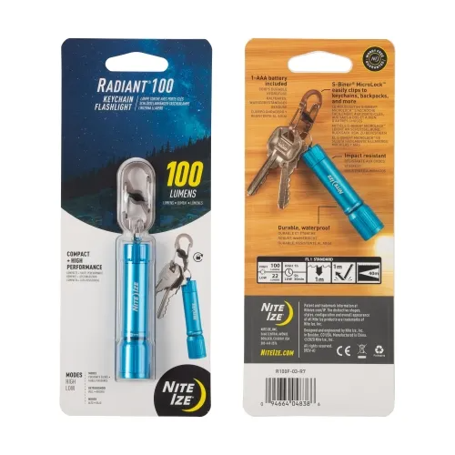Nite Ize Radiant 100 Keychain Flashlight packaging featuring 100 lumens, aluminum body, and S-Biner MicroLock attachment.